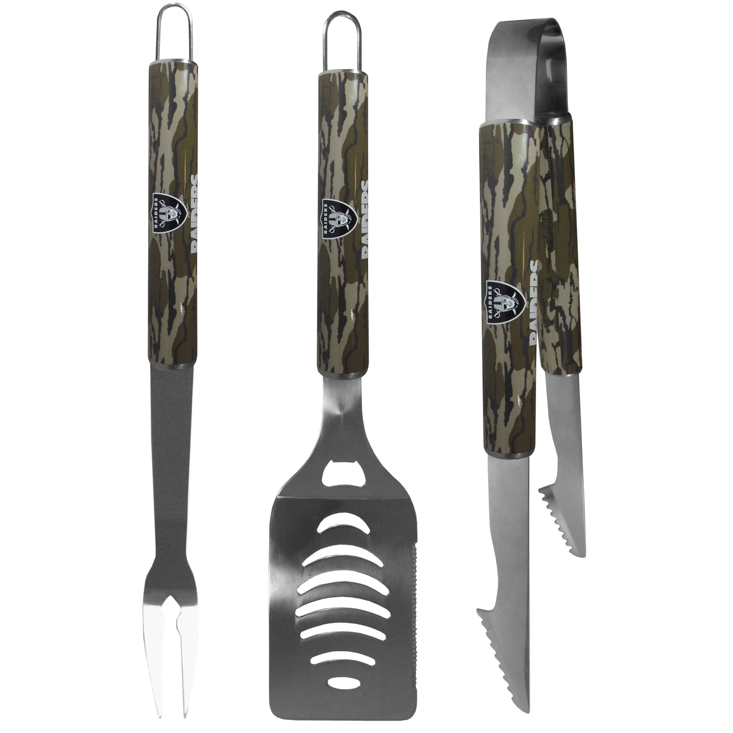 Siskiyou Gifts Las Vegas Raiders 3 Piece Mossy Oak Camo Stainless Steel BBQ Set, NFL Licensed
