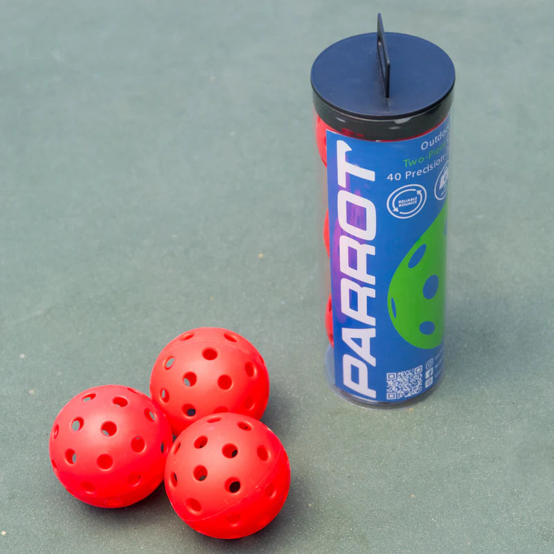 Parrot Paddles Tube of 3 Outdoor Pickleballs 2-Piece 40 Holes (Red)