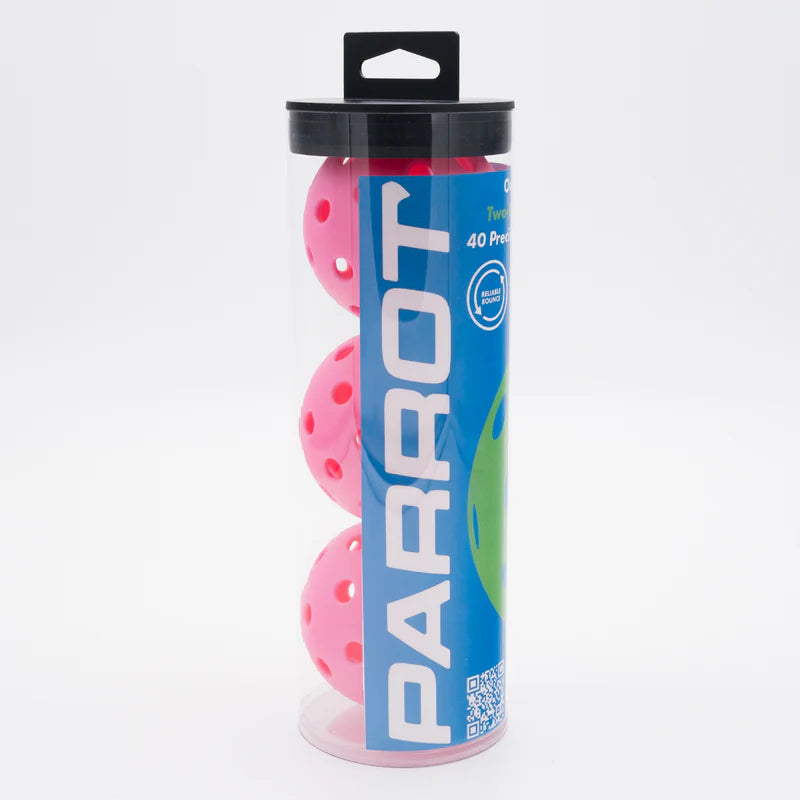 Parrot Paddles Tube of 3 Outdoor Pickleballs 2-Piece 40 Holes (Pink)