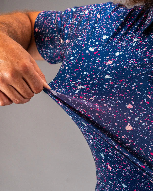 Pins & Aces Blue Splatter Collaboration Fast Wicking 4-Way Stretch Polo Shirt