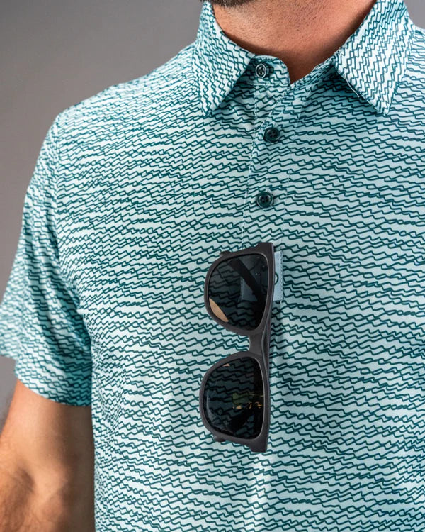 Pins & Aces Squiggle Teal Collaboration Fast Wicking 4-Way Stretch Polo Shirt