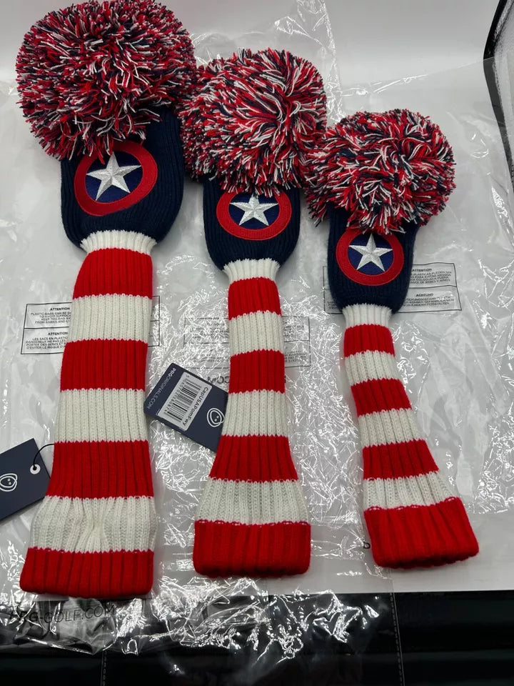 PRG Golf Originals Collection Captain USA Pom Pom Set of 3 Head Covers Driver Fairway & Rescue