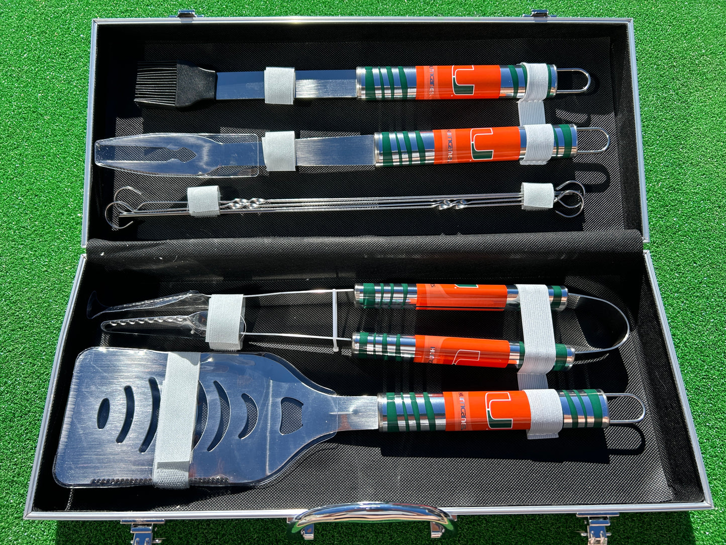 Siskiyou Gifts Miami Hurricanes 8 Piece Tailgater BBQ Set w/Metal Case, NCAA Licensed