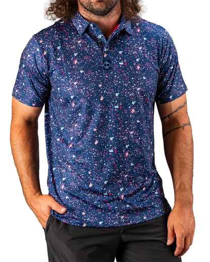 Pins & Aces Blue Splatter Collaboration Fast Wicking 4-Way Stretch Polo Shirt