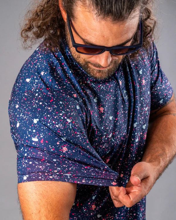 Pins & Aces Blue Splatter Collaboration Fast Wicking 4-Way Stretch Polo Shirt