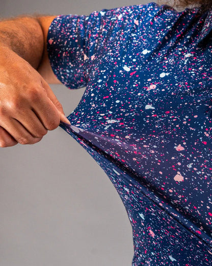 Pins & Aces Blue Splatter Collaboration Fast Wicking 4-Way Stretch Polo Shirt