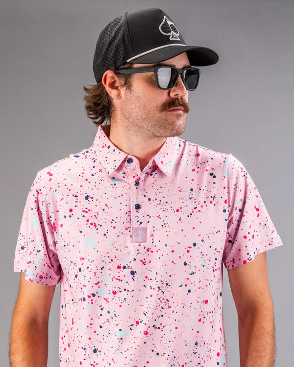 Pins & Aces Pink Splatter Collaboration Fast Wicking 4-Way Stretch Polo Shirt