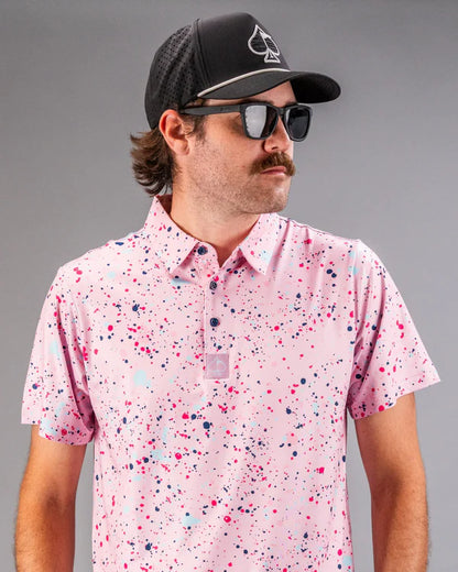 Pins & Aces Pink Splatter Collaboration Fast Wicking 4-Way Stretch Polo Shirt