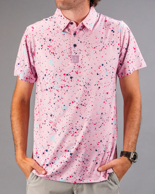 Pins & Aces Pink Splatter Collaboration Fast Wicking 4-Way Stretch Polo Shirt