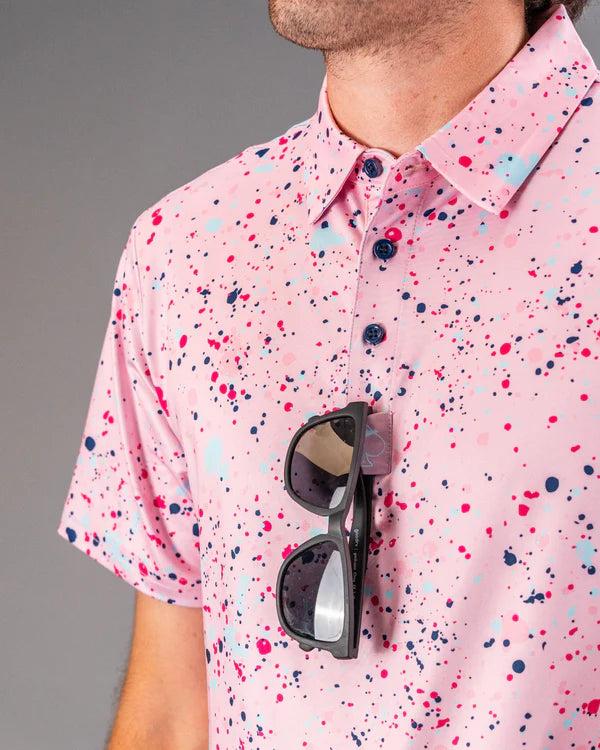 Pins & Aces Pink Splatter Collaboration Fast Wicking 4-Way Stretch Polo Shirt