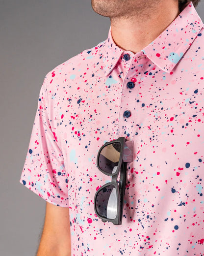 Pins & Aces Pink Splatter Collaboration Fast Wicking 4-Way Stretch Polo Shirt