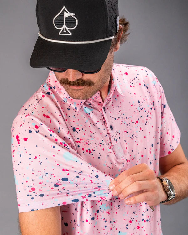 Pins & Aces Pink Splatter Collaboration Fast Wicking 4-Way Stretch Polo Shirt