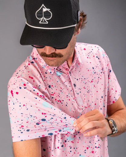 Pins & Aces Pink Splatter Collaboration Fast Wicking 4-Way Stretch Polo Shirt