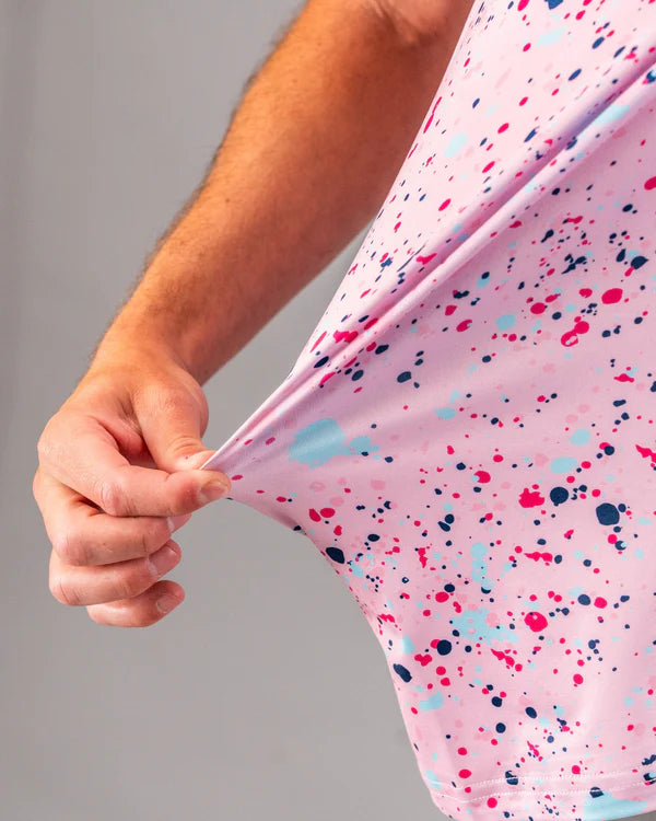 Pins & Aces Pink Splatter Collaboration Fast Wicking 4-Way Stretch Polo Shirt