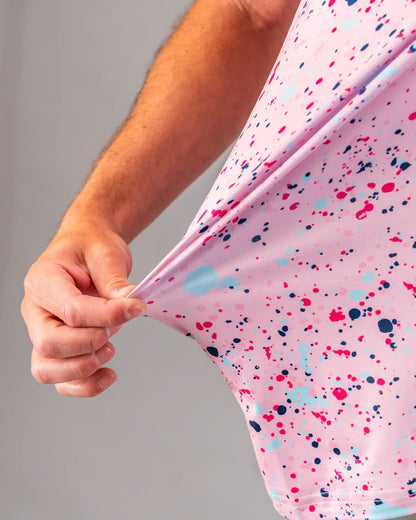 Pins & Aces Pink Splatter Collaboration Fast Wicking 4-Way Stretch Polo Shirt