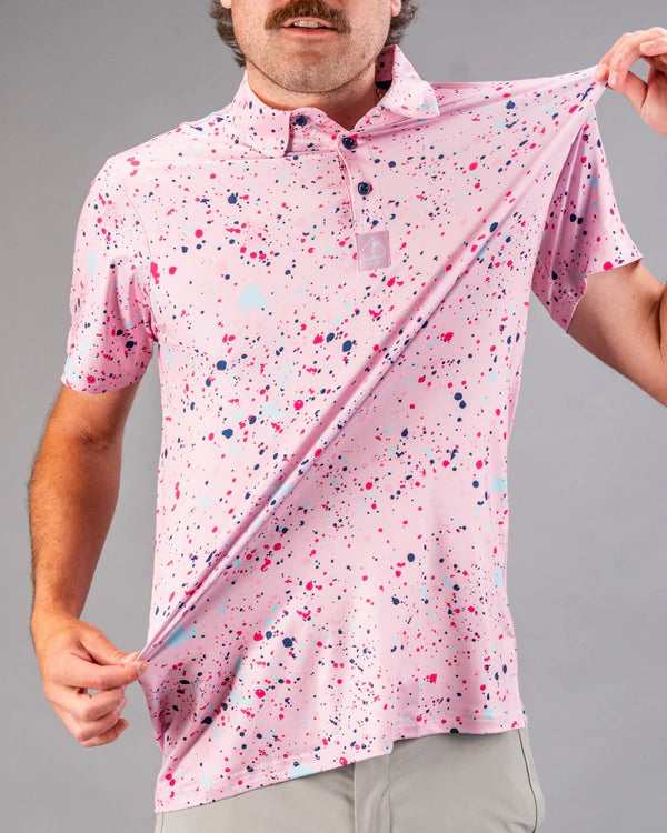 Pins & Aces Pink Splatter Collaboration Fast Wicking 4-Way Stretch Polo Shirt