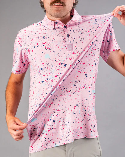 Pins & Aces Pink Splatter Collaboration Fast Wicking 4-Way Stretch Polo Shirt
