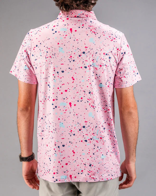Pins & Aces Pink Splatter Collaboration Fast Wicking 4-Way Stretch Polo Shirt