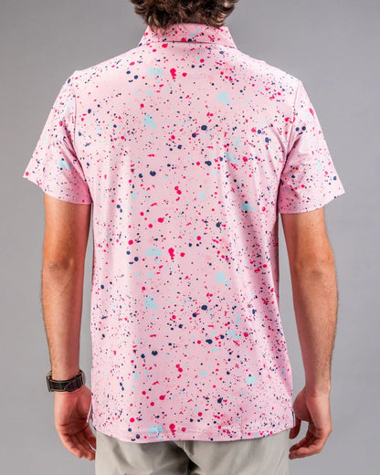 Pins & Aces Pink Splatter Collaboration Fast Wicking 4-Way Stretch Polo Shirt