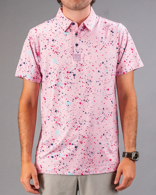 Pins & Aces Pink Splatter Collaboration Fast Wicking 4-Way Stretch Polo Shirt