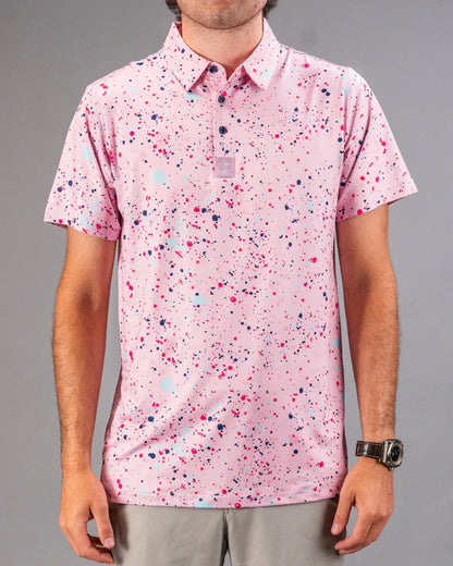 Pins & Aces Pink Splatter Collaboration Fast Wicking 4-Way Stretch Polo Shirt