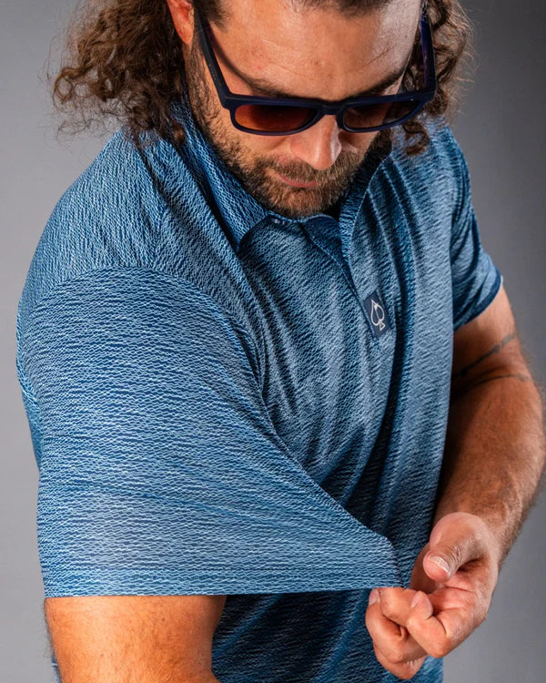 Pins & Aces Squiggle Blue Collaboration Fast Wicking 4-Way Stretch Polo Shirt