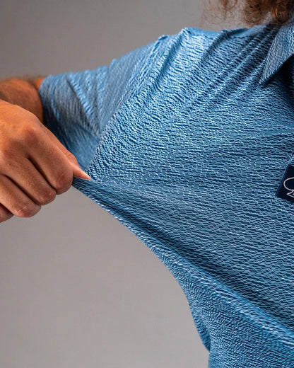 Pins & Aces Squiggle Blue Collaboration Fast Wicking 4-Way Stretch Polo Shirt