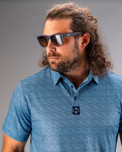 Pins & Aces Squiggle Blue Collaboration Fast Wicking 4-Way Stretch Polo Shirt