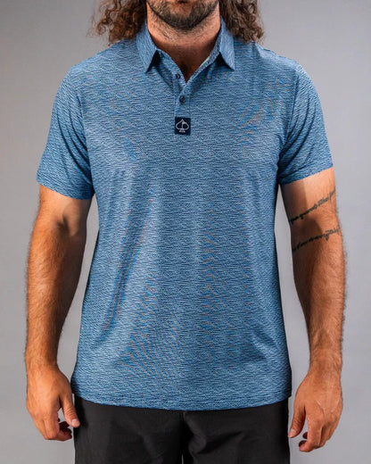 Pins & Aces Squiggle Blue Collaboration Fast Wicking 4-Way Stretch Polo Shirt