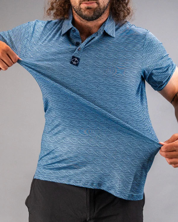 Pins & Aces Squiggle Blue Collaboration Fast Wicking 4-Way Stretch Polo Shirt