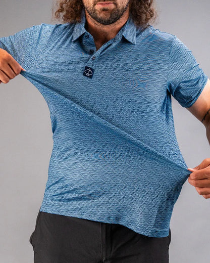 Pins & Aces Squiggle Blue Collaboration Fast Wicking 4-Way Stretch Polo Shirt