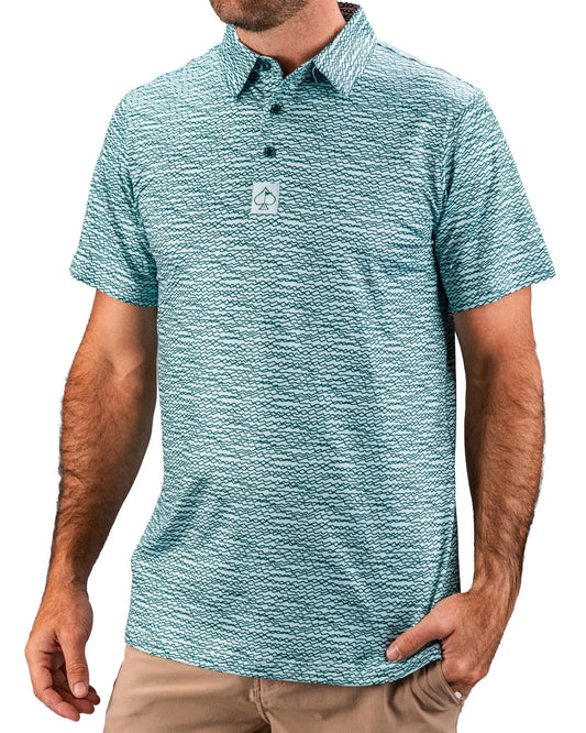 Pins & Aces Squiggle Teal Collaboration Fast Wicking 4-Way Stretch Polo Shirt