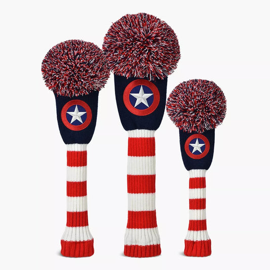 PRG Golf Originals Collection Captain USA Pom Pom Set of 3 Head Covers Driver Fairway & Rescue